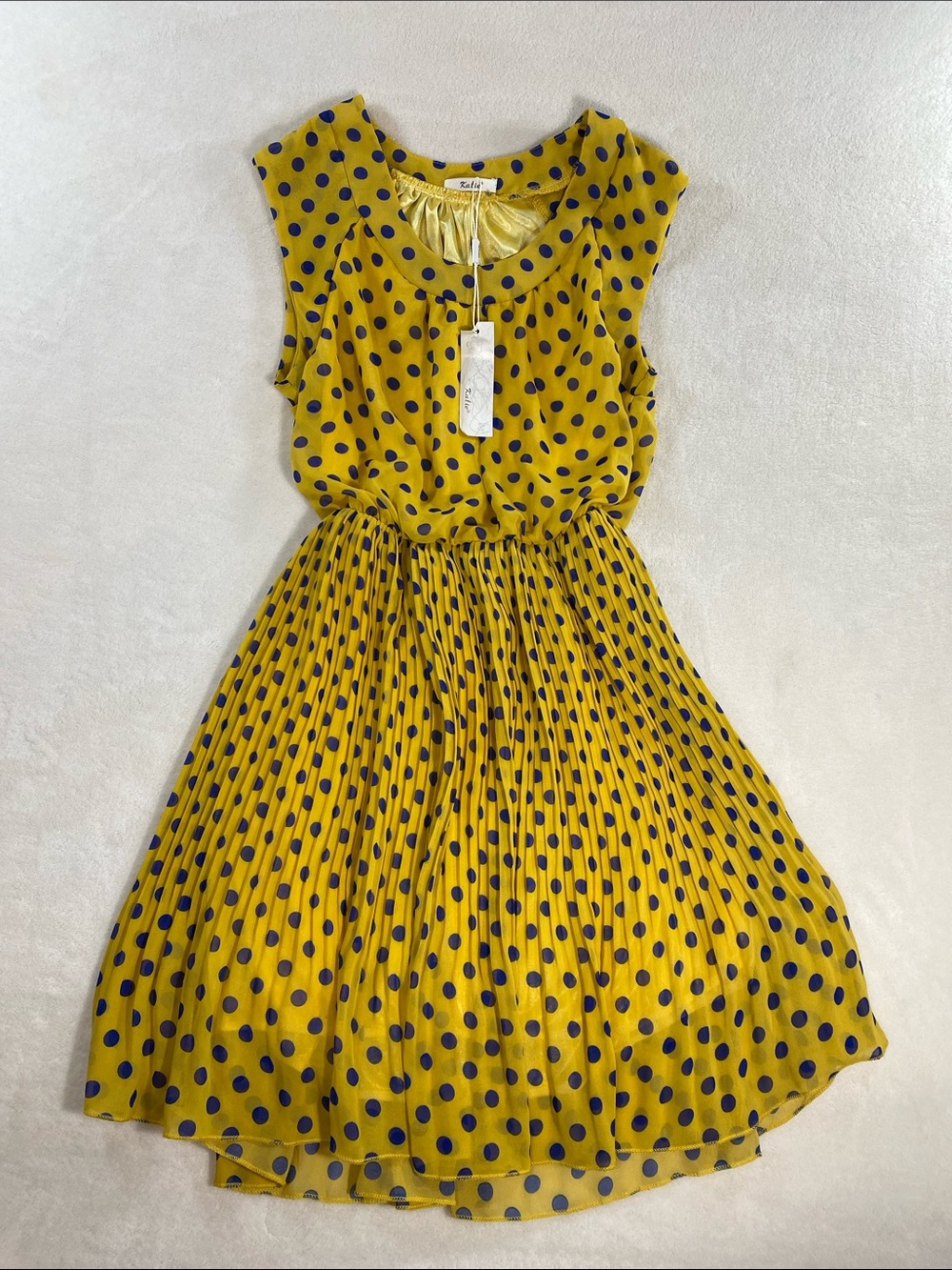 KATIE Polka Dot Chiffon Pleated Fit Flare Sun Dress Yellow Blue